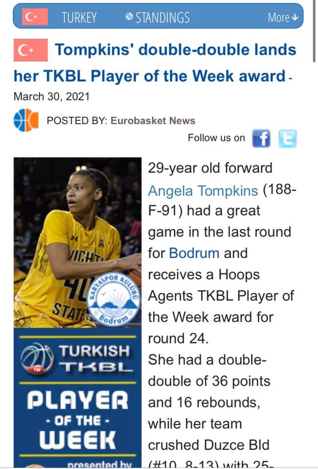 Angiee Tompkins won a third Player of The Week award in Turkey!