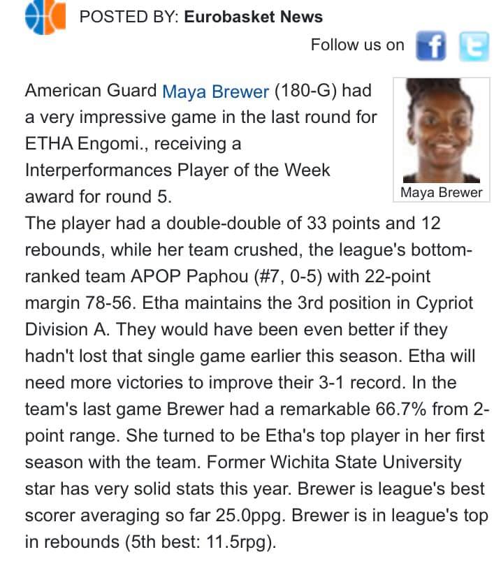 MVP award & 2nd highest scoring record in Europe this week for Brewer!